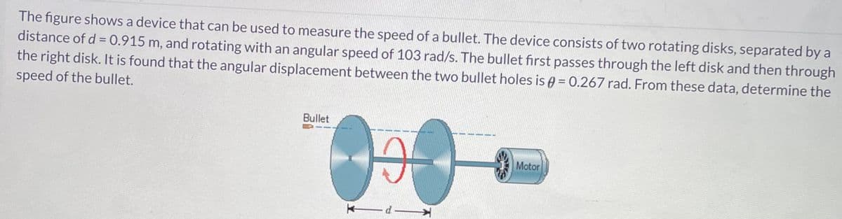 The figure shows a device that can be used to measure the speed of a bullet. The device consists of two rotating disks, separated by a
distance of d = 0.915 m, and rotating with an angular speed of 103 rad/s. The bullet first passes through the left disk and then through
the right disk. It is found that the angular displacement between the two bullet holes is = 0.267 rad. From these data, determine the
speed of the bullet.
Bullet
Ooo
d
Motor
