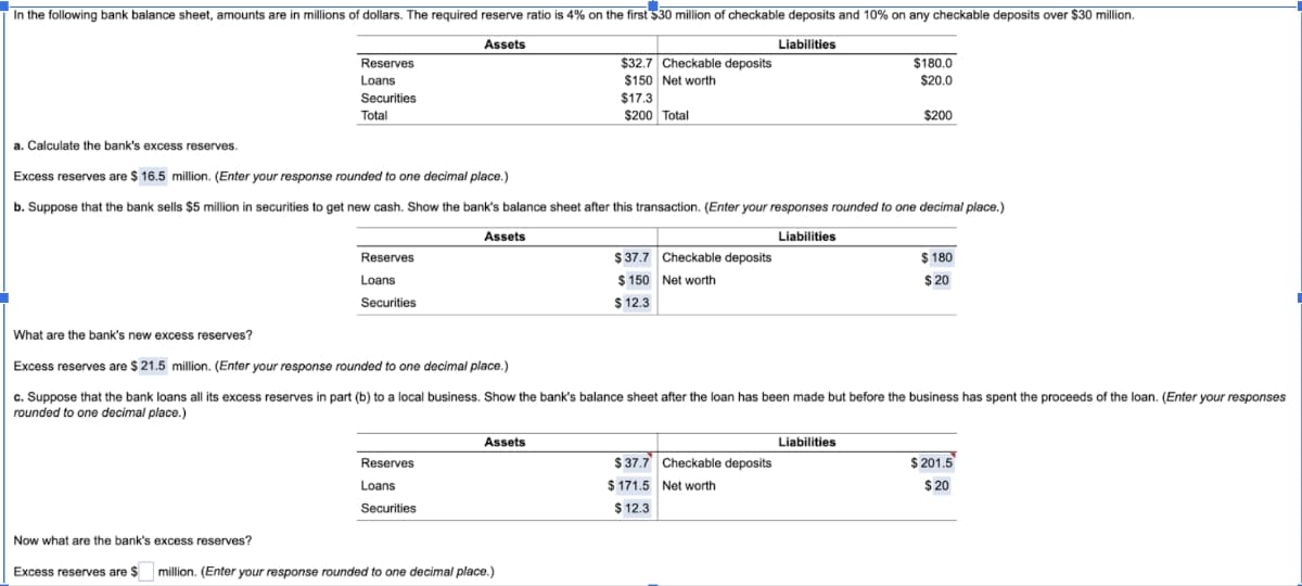 In the following bank balance sheet, amounts are in millions of dollars. The required reserve ratio is 4% on the first $30 million of checkable deposits and 10% on any checkable deposits over $30 million.
Assets
Reserves
Loans
Liabilities
$32.7 Checkable deposits
$180.0
$20.0
Securities
Total
a. Calculate the bank's excess reserves.
Excess reserves are $ 16.5 million. (Enter your response rounded to one decimal place.)
$150 Net worth
$17.3
$200 Total
$200
b. Suppose that the bank sells $5 million in securities to get new cash. Show the bank's balance sheet after this transaction. (Enter your responses rounded to one decimal place.)
Assets
Reserves
Loans
Securities
What are the bank's new excess reserves?
Excess reserves are $21.5 million. (Enter your response rounded to one decimal place.)
Liabilities
$37.7 Checkable deposits
$150 Net worth
$12.3
$180
$20
c. Suppose that the bank loans all its excess reserves in part (b) to a local business. Show the bank's balance sheet after the loan has been made but before the business has spent the proceeds of the loan. (Enter your responses
rounded to one decimal place.)
Reserves
Loans
Securities
Assets
Liabilities
$37.7 Checkable deposits
$171.5 Net worth
$12.3
Now what are the bank's excess reserves?
Excess reserves are $ million. (Enter your response rounded to one decimal place.)
$201.5
$20