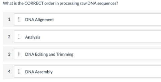 What is the CORRECT order in processing raw DNA sequences?
1 DNA Alignment
2
3
A
Analysis
DNA Editing and Trimming
DNA Assembly