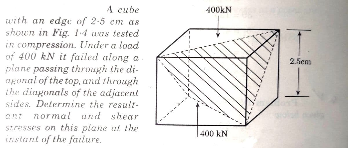 А сube
with an edge of 2·5 cm as
shown in Fig. 1·4 was tested
in compression. Under a load
of 400 kN it failed along a
plane passing through the di-
agonal of the top, and through
the diagonals of the adjacent
400KN
2.5cm
sides. Determine the result-
ant
normal and shear
stresses on this plane at the
instant of the failure.
400 kN
