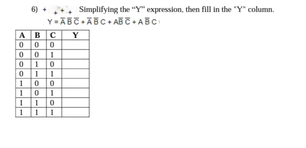 6) +
Simplifying the “Y" expression, then fill in the "Y" column.
Y = ABC +ĀBC + AB C + ABC:
A
В
Y
1
1
1
1
1
1
1
1
1
1
1
1
