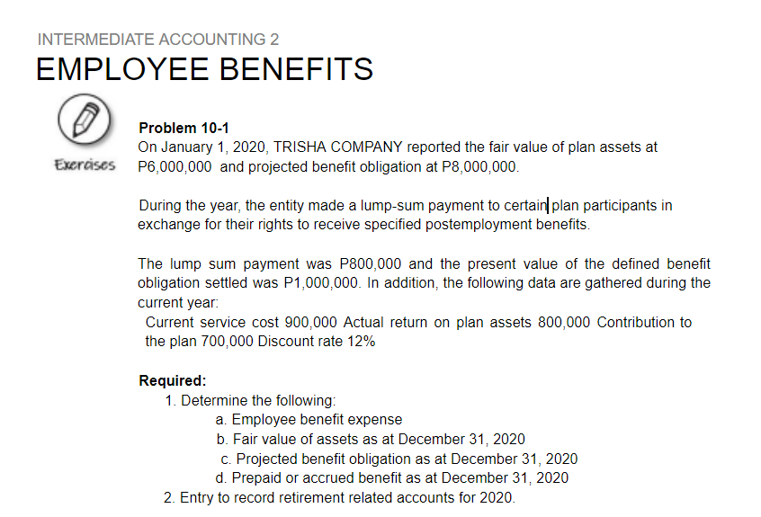 INTERMEDIATE ACCOUNTING 2
EMPLOYEE BENEFITS
Problem 10-1
On January 1, 2020, TRISHA COMPANY reported the fair value of plan assets at
Exercises P6,000,000 and projected benefit obligation at P8,000,000.
During the year, the entity made a lump-sum payment to certain| plan participants in
exchange for their rights to receive specified postemployment benefits.
The lump sum payment was P800,000 and the present value of the defined benefit
obligation settled was P1,000,000. In addition, the following data are gathered during the
current year:
Current service cost 900,000 Actual return on plan assets 800,000 Contribution to
the plan 700,000 Discount rate 12%
Required:
1. Determine the following:
a. Employee benefit expense
b. Fair value of assets as at December 31, 2020
c. Projected benefit obligation as at December 31, 2020
d. Prepaid or accrued benefit as at December 31, 2020
2. Entry to record retirement related accounts for 2020.
