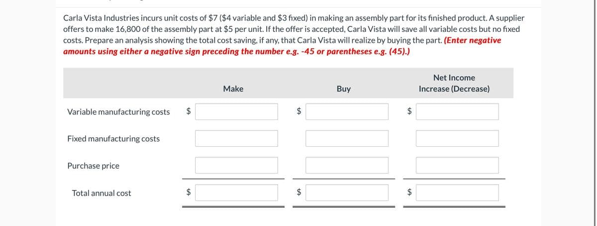 Carla Vista Industries incurs unit costs of $7 ($4 variable and $3 fixed) in making an assembly part for its finished product. A supplier
offers to make 16,800 of the assembly part at $5 per unit. If the offer is accepted, Carla Vista will save all variable costs but no fixed
costs. Prepare an analysis showing the total cost saving, if any, that Carla Vista will realize by buying the part. (Enter negative
amounts using either a negative sign preceding the number e.g. -45 or parentheses e.g. (45).)
Variable manufacturing costs $
Fixed manufacturing costs
Purchase price
Total annual cost
$
Make
LA
Buy
LA
LA
Net Income
Increase (Decrease)