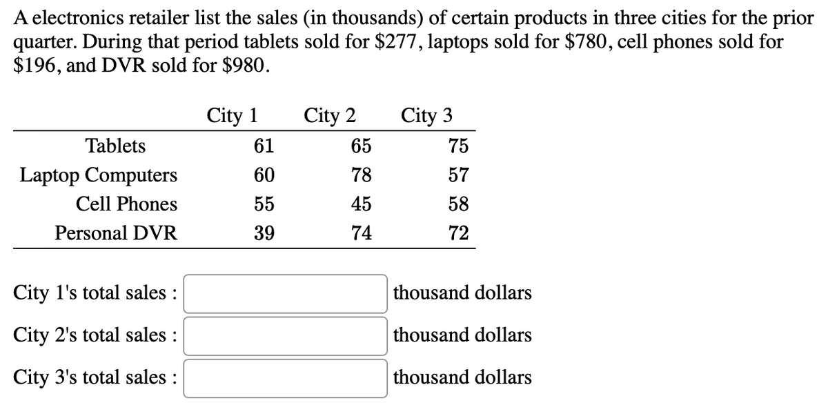 A electronics retailer list the sales (in thousands) of certain products in three cities for the prior
quarter. During that period tablets sold for $277, laptops sold for $780, cell phones sold for
$196, and DVR sold for $980.
City 1
City 2
City 3
Tablets
61
65
75
Laptop Computers
60
78
57
Cell Phones
55
45
58
Personal DVR
39
74
72
City 1's total sales :
thousand dollars
City 2's total sales :
thousand dollars
City 3's total sales :
thousand dollars
