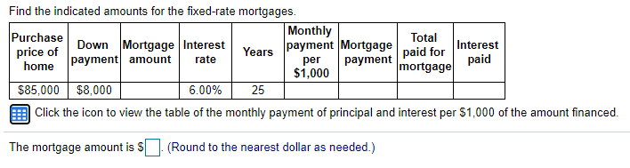 Find the indicated amounts for the fixed-rate mortgages.
Monthly
payment Mortgage
per
$1,000
Purchase
Total
Down Mortgage Interest
Interest
price of
home payment amount
paid for
mortgage
Years
rate
payment
paid
$85,000 $8,000
| Click the icon to view the table of the monthly payment of principal and interest per $1,000 of the amount financed.
6.00%
25
The mortgage amount is $
(Round to the nearest dollar as needed.)
