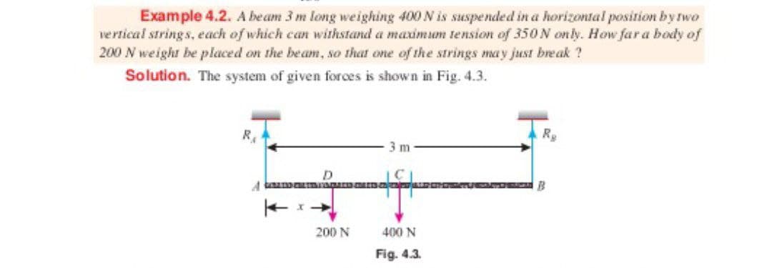 Example 4.2. A beam 3 m long weighing 400 N is suspended in a horizontal position bytwo
vertical string s, each of which can withstand a maximum tension of 35ON only. How far a body of
200 N weight be placed on the beam, so that one of the strings may just bre ak ?
Solution. The system of given forces is shown in Fig. 4.3.
R.
3 m
D
200 N
400 N
Fig. 4.3.
