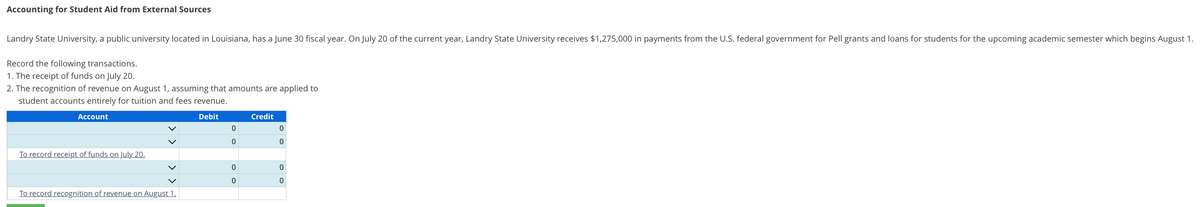 Accounting for Student Aid from External Sources
Landry State University, a public university located in Louisiana, has a June 30 fiscal year. On July 20 of the current year, Landry State University receives $1,275,000 in payments from the U.S. federal government for Pell grants and loans for students for the upcoming academic semester which begins August 1.
Record the following transactions.
1. The receipt of funds on July 20.
2. The recognition of revenue on August 1, assuming that amounts are applied to
student accounts entirely for tuition and fees revenue.
Debit
Account
To record receipt of funds on July 20.
To record recognition of revenue on August 1.
0
0
0
0
Credit
0
0
0
0