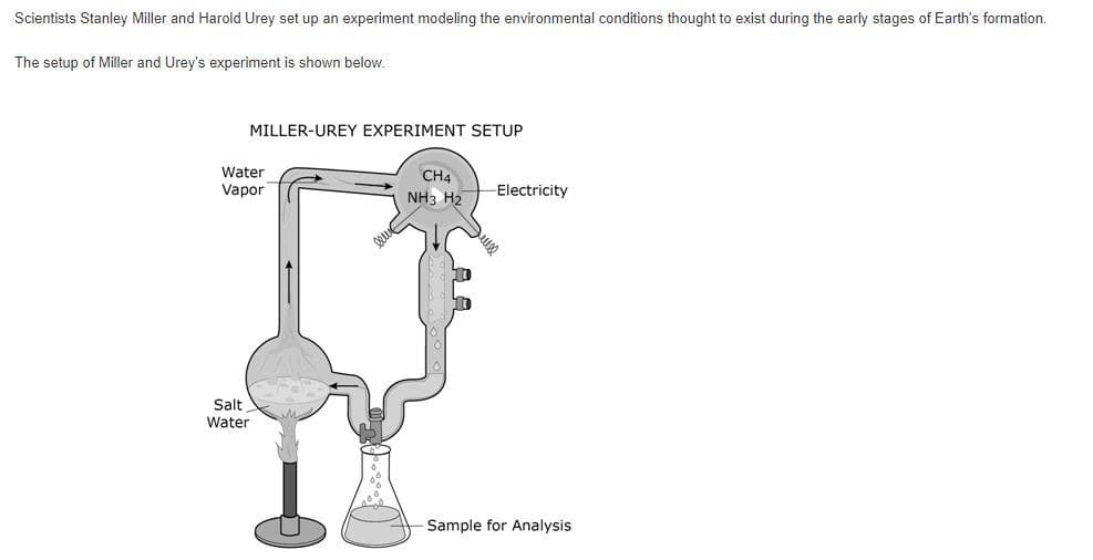 Scientists Stanley Miller and Harold Urey set up an experiment modeling the environmental conditions thought to exist during the early stages of Earth's formation.
The setup of Miller and Urey's experiment is shown below.
MILLER-UREY EXPERIMENT SETUP
Water
CH4
Vapor
NH3 H2
Electricity
Salt
Water
-Sample for Analysis
