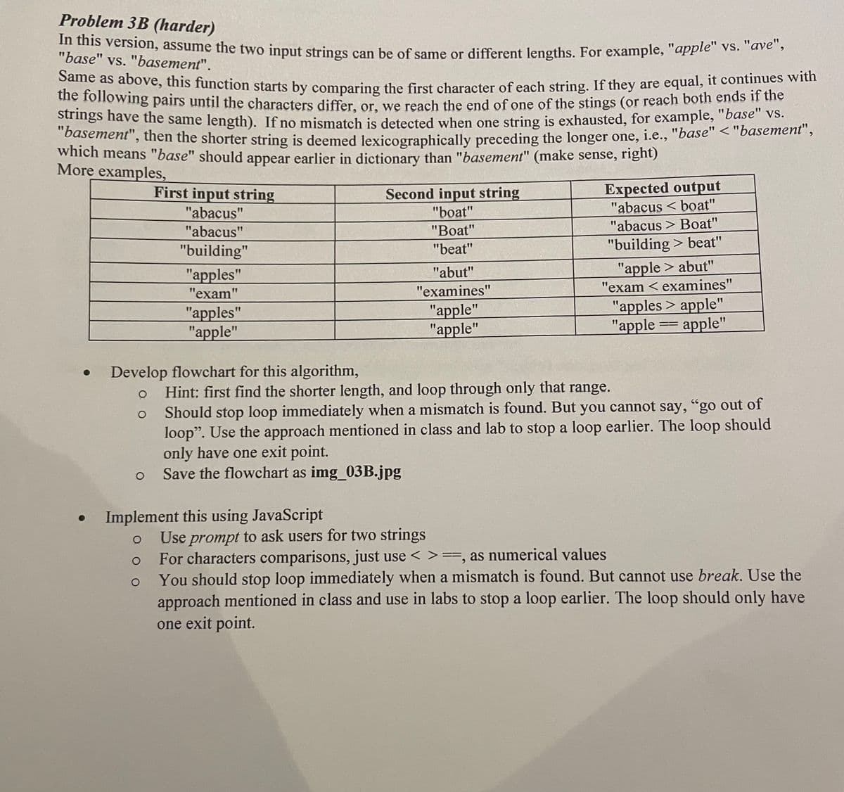 the following pairs until the characters differ, or, we reach the end of one of the stings (or reach both ends if the
Same as above, this function starts by comparing the first character of each string. If they are equal, it continues with
Problem 3B (harder)
m his version, assume the two input strings can be of same or different lengths. For example, "apple Vs. dve
"base" vs. "basement".
he following pairs until the characters differ, or, we reach the end of one of the stings (or reach both ends l uhe
"Lo nave the same length). If no mismatch is detected when one string is exhausted, for example, "base" Vs.
basement", then the shorter string is deemed lexicographically preceding the longer one, i.e., "base" < "basement ,
which means "base" should appear earlier in dictionary than "basement" (make sense, right)
More examples,
Expected output
"abacus < boat"
First input string
Second input string
"abacus"
"boat"
"abacus"
"Boat"
"abacus > Boat"
"building"
"beat"
"building > beat"
"apple > abut"
"exam < examines"
"abut"
"apples"
"exam"
"examines"
"apples"
"аpple"
"apple"
"apple"
"apples > apple"
"apple
apple"
Develop flowchart for this algorithm,
Hint: first find the shorter length, and loop through only that
Should stop loop immediately when a mismatch is found. But you cannot say, "go out of
loop". Use the approach mentioned in class and lab to stop a loop earlier. The loop should
only have one exit point.
Save the flowchart as img_03B.jpg
range.
Implement this using JavaScript
Use prompt to ask users for two strings
For characters comparisons, just use < >==, as numerical values
You should stop loop immediately when a mismatch is found. But cannot use break. Use the
approach mentioned in class and use in labs to stop a loop earlier. The loop should only have
one exit point.
