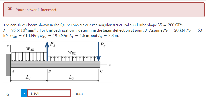 * Your answer is incorrect.
The cantilever beam shown in the figure consists of a rectangular structural steel tube shape [E = 200 GPa;
1 = 95 x 106 mm¹]. For the loading shown, determine the beam deflection at point B. Assume PB = 20 kN, Pc = 53
KN, WAB = 61 kN/m WBC = 19 kN/m L₁ = 1.6 m, and L₂ = 3.3 m.
APB
Pc
A
VB =
WAB
L₁
5.309
B
WBC
L₂
mm