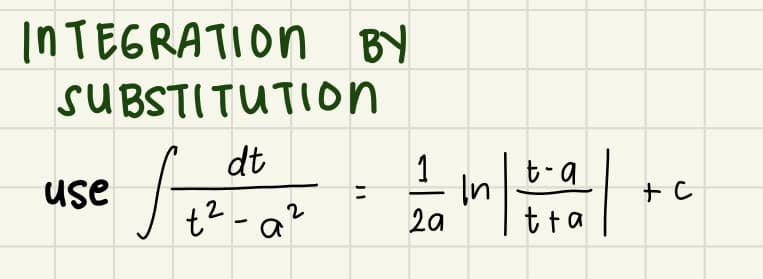 INTEGRATION BY
SUBSTITUTION
dt
1
t-a
In
2a
use
t²-a²
tta
