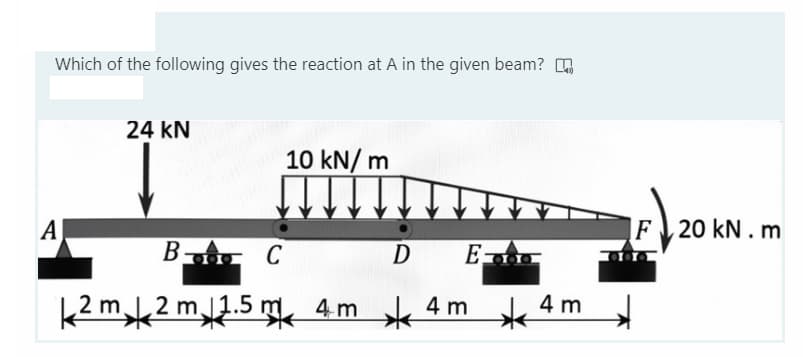 Which of the following gives the reaction at A in the given beam?
24 kN
10 kN/ m
F20 kN. m
A
B C
E
D
4 m
L2 mL2 m1.5 m, 4 m L, 4 m
