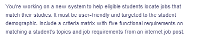 You're working on a new system to help eligible students locate jobs that
match their studies. It must be user-friendly and targeted to the student
demographic. Include a criteria matrix with five functional requirements on
matching a student's topics and job requirements from an internet job post.

