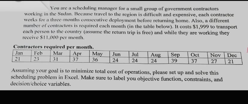 You are a scheduling manager for a small group of government contractors
working in the Sudan. Because travel to the region is difficult and expensive, each contractor
works for a three-months consecutive deployment before returning home. Also, a different
number of contractors is required cach month (in the table below). It costs $1,999 to transport
each person to the country (assume the return trip is free) and while they are working they
receive $11,000 per month.
Contractors required per month.
Мay
36
Jan
Feb
Mar
Apr
Jun
Jul
Sep
39
Aug
Oct
Nov
Dec
21
23
31
37
24
24
24
37
27
21
Assuming your goal is to minimize total cost of operations, please set up and solve this
scheduling problem in Excel. Make sure to label you objective function, constraints, and
decision/choice variables.
