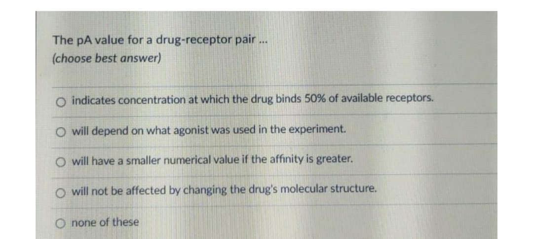 The pA value for a drug-receptor pair.
(choose best answer)
O indicates concentration at which the drug binds 50% of available receptors.
O will depend on what agonist was used in the experiment.
O will have a smaller numerical value if the affinity is greater.
O will not be affected by changing the drug's molecular structure.
O none of these
