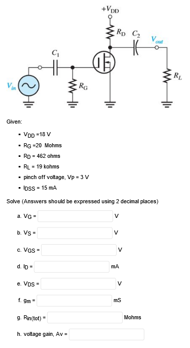 +VDD
Rp C2
Vout
C
RL
Vin
RG
Given:
• VDD =18 V
- RG =20 Mohms
· Rp = 462 ohms
• RL = 19 kohms
• pinch off voltage, Vp = 3 V
- Ipss = 15 mA
Solve (Answers should be expressed using 2 decimal places)
V
a. VG =
b. Vs =
V
c. VGS =
d. Ip =
mA
e. Vps =
V
f. gm =
ms
Mohms
g. Rin(tot) =
h. voltage gain, Av =
