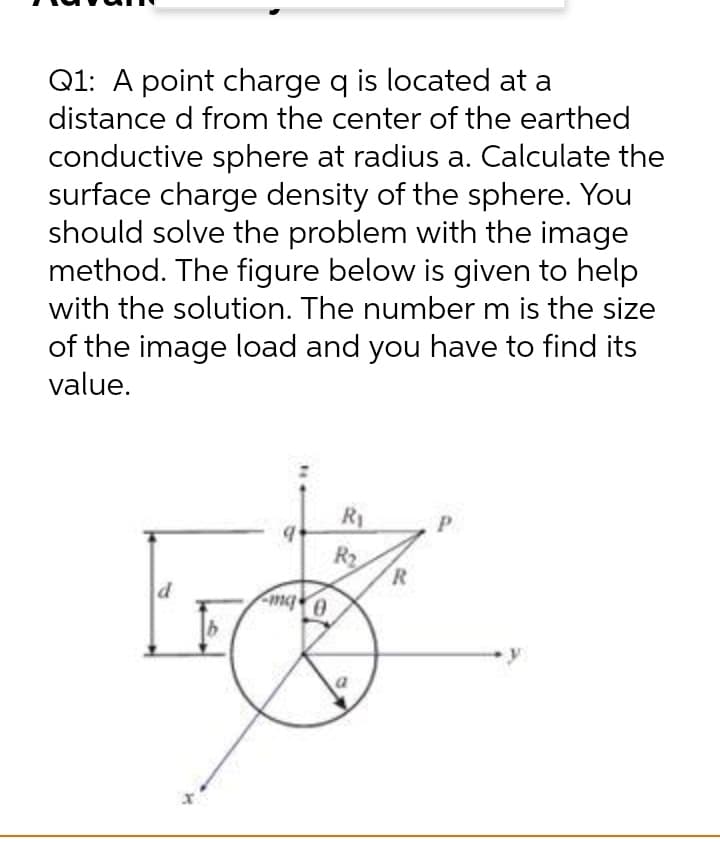 Q1: A point charge q is located at a
distance d from the center of the earthed
conductive sphere at radius a. Calculate the
surface charge density of the sphere. You
should solve the problem with the image
method. The figure below is given to help
with the solution. The number m is the size
of the image load and you have to find its
value.
R1
P.
R2
R
d
