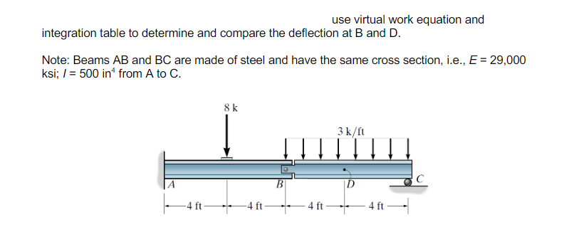 integration table to determine and compare the deflection at B and D.
Note: Beams AB and BC are made of steel and have the same cross section, i.e., E = 29,000
ksi; / = 500 in* from A to C.
-4 ft-
use virtual work equation and
8 k
3 k/ft
I pottery
-4 ft-
B
-4 ft-
4 ft