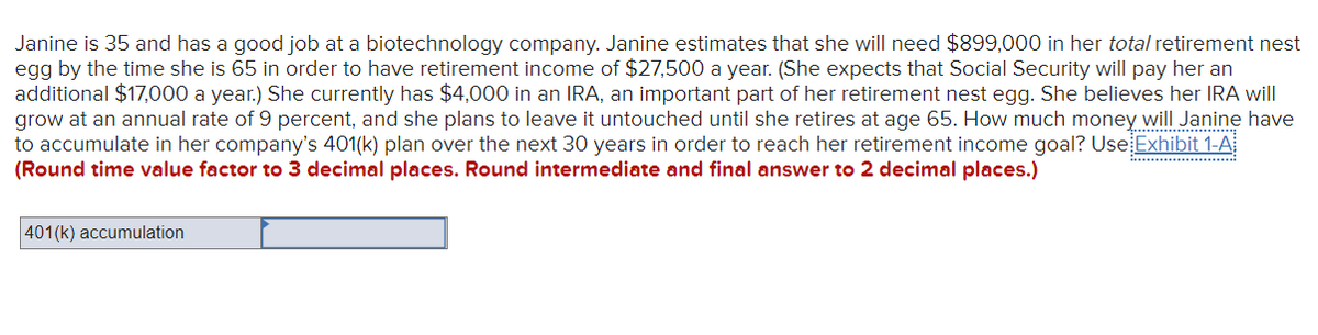Janine is 35 and has a good job at a biotechnology company. Janine estimates that she will need $899,000 in her total retirement nest
egg by the time she is 65 in order to have retirement income of $27,500 a year. (She expects that Social Security will pay her an
additional $17,000 a year.) She currently has $4,000 in an IRA, an important part of her retirement nest egg. She believes her IRA will
grow at an annual rate of 9 percent, and she plans to leave it untouched until she retires at age 65. How much money will Janine have
to accumulate in her company's 401(k) plan over the next 30 years in order to reach her retirement income goal? Use Exhibit 1-A
(Round time value factor to 3 decimal places. Round intermediate and final answer to 2 decimal places.)
401(k) accumulation
