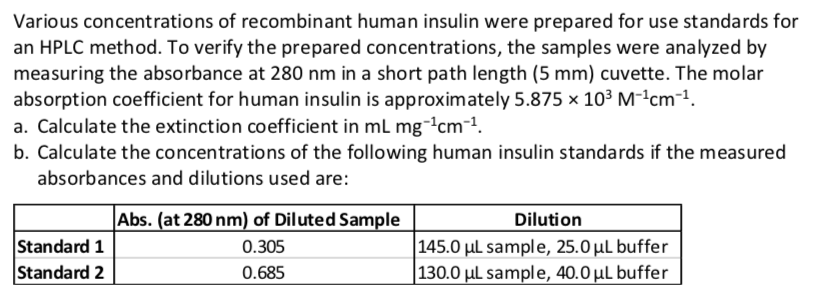 Various concentrations of recombinant human insulin were prepared for use standards for
an HPLC method. To verify the prepared concentrations, the samples were analyzed by
measuring the absorbance at 280 nm in a short path length (5 mm) cuvette. The molar
absorption coefficient for human insulin is approximately 5.875 x 10³ M-¹cm-¹.
a. Calculate the extinction coefficient in mL mg-¹cm-¹.
b. Calculate the concentrations of the following human insulin standards if the measured
absorbances and dilutions used are:
Standard 1
Standard 2
Abs. (at 280 nm) of Diluted Sample
0.305
0.685
Dilution
145.0 µL sample, 25.0 μL buffer
130.0 µL sample, 40.0 μL buffer