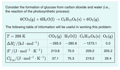 Consider the formation of glucose from carbon dioxide and water (i.e.,
the reaction of the photosynthetic process):
6CO2(g) + 6H₂O(1)→ C6H12O6 (s) + 602 (g).
The following table of information will be useful in working this problem:
T = 298 K
AH/(kJ. mol-¹)
S°/(J. mol-¹.K-¹)
CO₂ (g) H₂O(1) C6H12O6 (s) O2(g)
-393.5 -285.8
- 1273.1
0.0
70.0
213.8
Cpm/(J-mol-¹.K-¹) 37.1
75.3
209.2
219.2
205.2
29.4
