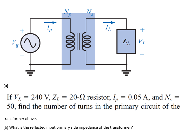 N
N
+
+
ZL VL
(a)
If V1 = 240 V, Z,
50, find the number of turns in the primary circuit of the
20-2 resistor, I, = 0.05 A, and N,
transformer above.
(b) What is the reflected input primary side impedance of the transformer?
