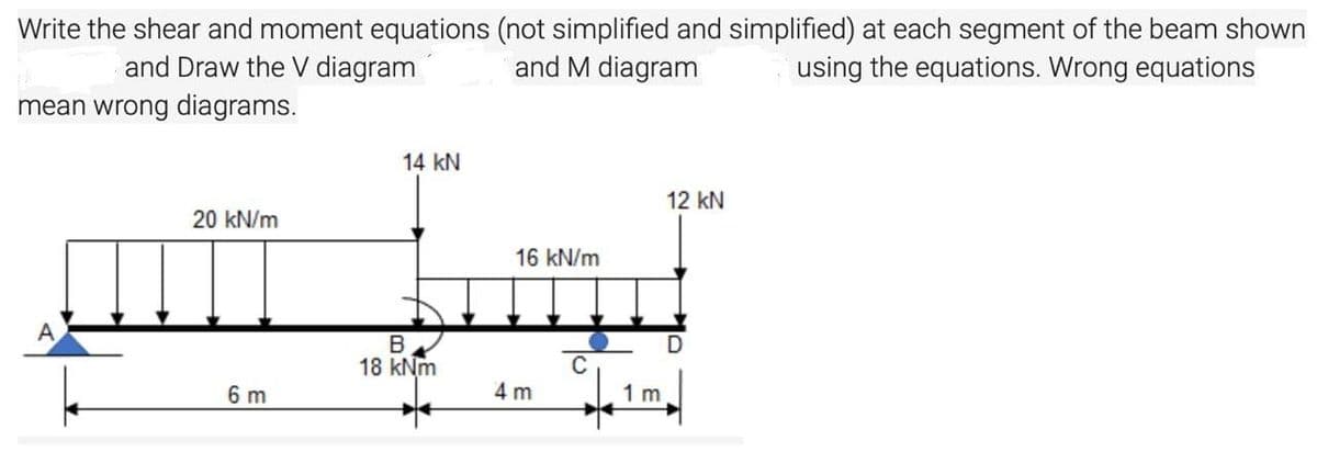 Write the shear and moment equations (not simplified and simplified) at each segment of the beam shown
and M diagram
and Draw the V diagram
using the equations. Wrong equations
mean wrong diagrams.
14 kN
12 kN
20 kN/m
16 kN/m
A
B
18 kNm
C
6 m
4 m
1 m
