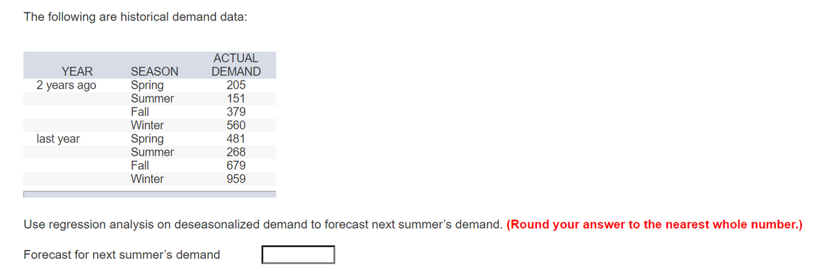 The following are historical demand data:
ACTUAL
YEAR
SEASON
DEMAND
2 years ago
Spring
Summer
205
151
Fall
379
Winter
Spring
Summer
560
last year
481
268
679
959
Fall
Winter
Use regression analysis on deseasonalized demand to forecast next summer's demand. (Round your answer to the nearest whole number.)
Forecast for next summer's demand
