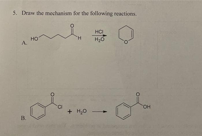 5. Draw the mechanism for the following reactions.
тв
А.
B.
НО
CI
H
+ H2O
HCI
H2O
OH