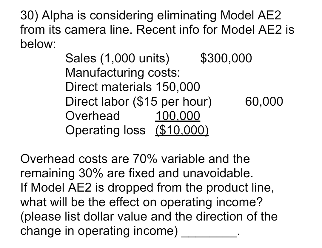 30) Alpha is considering eliminating Model AE2
from its camera line. Recent info for Model AE2 is
below:
Sales (1,000 units)
Manufacturing costs:
$300,000
Direct materials 150,000
Direct labor ($15 per hour)
Overhead
100,000
Operating loss ($10.000)
60,000
Overhead costs are 70% variable and the
remaining 30% are fixed and unavoidable.
If Model AE2 is dropped from the product line,
what will be the effect on operating income?
(please list dollar value and the direction of the
change in operating income)