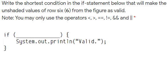 Write the shortest condition in the if-statement below that will make the
unshaded values of row six (6) from the figure as valid.
Note: You may only use the operators <, >, ==, !=, && and || *
if (.
System.out.printın(“Valid.");
}
) {
