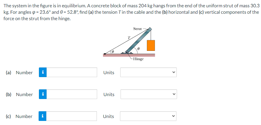 The system in the figure is in equilibrium. A concrete block of mass 204 kg hangs from the end of the uniform strut of mass 30.3
kg. For angles o = 23.6° and 0 = 52.8°, find (a) the tension Tin the cable and the (b) horizontal and (c) vertical components of the
force on the strut from the hinge.
Strut
-Hinge
(a) Number
i
Units
(b) Number
i
Units
(c) Number
i
Units
>
