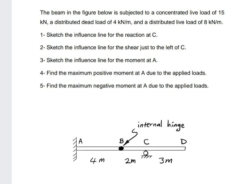 The beam in the figure below is subjected to a concentrated live load of 15
kN, a distributed dead load of 4 kN/m, and a distributed live load of 8 kN/m.
1- Sketch the influence line for the reaction at C.
2- Sketch the influence line for the shear just to the left of C.
3- Sketch the influence line for the moment at A.
4- Find the maximum positive moment at A due to the applied loads.
5- Find the maximum negative moment at A due to the applied loads.
internal hinge
A
BA
4 m
2m
3m
