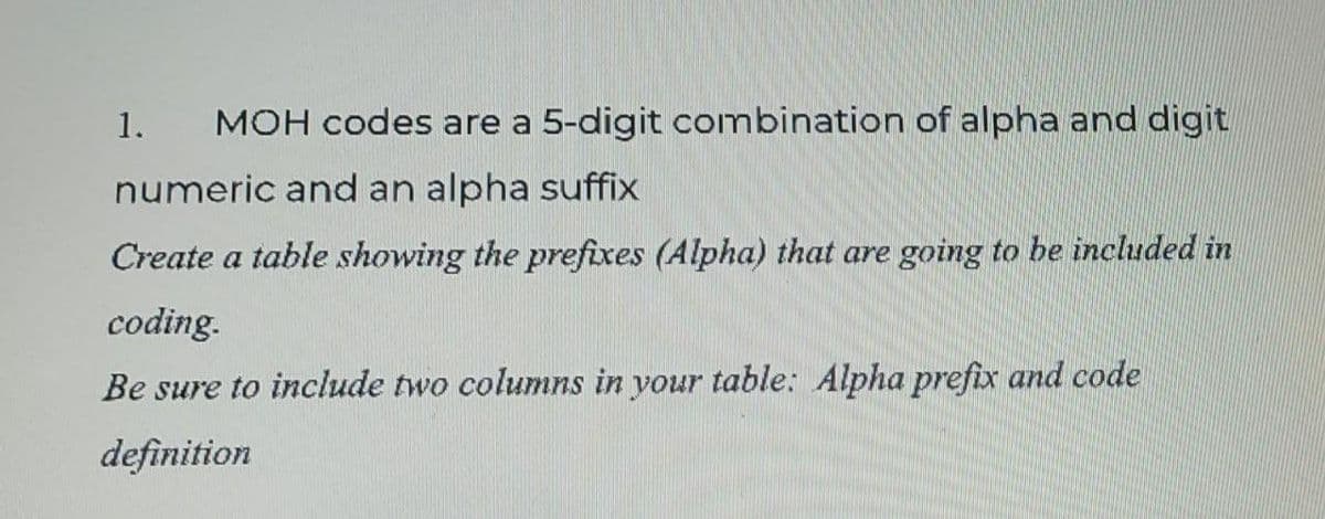 1.
MOH codes are a 5-digit combination of alpha and digit
numeric and an alpha suffix
Create a table showing the prefixes (Alpha) that are going to be included in
coding.
Be sure to include two columns in your table: Alpha prefix and code
definition
