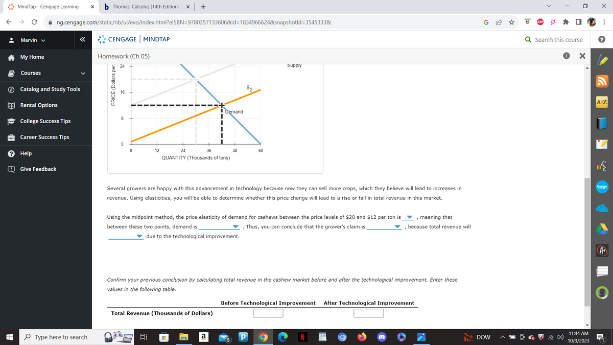 •
LO
>>
de
?
B
MindTap - Cengage Learning X b Thomas' Calculus (14th Edition) X +
Marvin ✓
My Home
Courses
✰ng.cengage.com/static/nb/ui/evo/index.html?elSBN=9780357133606&id=1834966624&snapshotld=3545333&
Catalog and Study Tools
Rental Options
College Success Tips
Career Success Tips
Help
Give Feedback
Type here to search
CENGAGE MINDTAP
Homework (Ch 05)
PRICE (Dollars per
24
8
0
0
12
24
발
36
QUANTITY (Thousands of tons)
Demand
Total Revenue (Thousands of Dollars)
H
Several growers are happy with this advancement in technology because now they can sell more crops, which they believe will lead to increases in
revenue. Using elasticities, you will be able to determine whether this price change will lead to a rise or fall in total revenue in this market.
a
48
Using the midpoint method, the price elasticity of demand for cashews between the price levels of $20 and $12 per ton is
between these two points, demand is
. Thus, you can conclude that the grower's claim is
due to the technological improvement.
52
Confirm your previous conclusion by calculating total revenue in the cashew market before and after the technological improvement. Enter these
values in the following table.
60
5
Supply
Р
, meaning that
, because total revenue will
Before Technological Improvement After Technological Improvement
DOW
I
Q Search this course
X
11:44 AM
10/3/2023
X
⠀
?
A-Z
bongo
A+