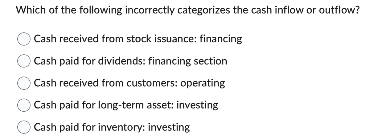 Which of the following incorrectly categorizes the cash inflow or outflow?
Cash received from stock issuance: financing
Cash paid for dividends: financing section
Cash received from customers: operating
Cash paid for long-term asset: investing
Cash paid for inventory: investing
