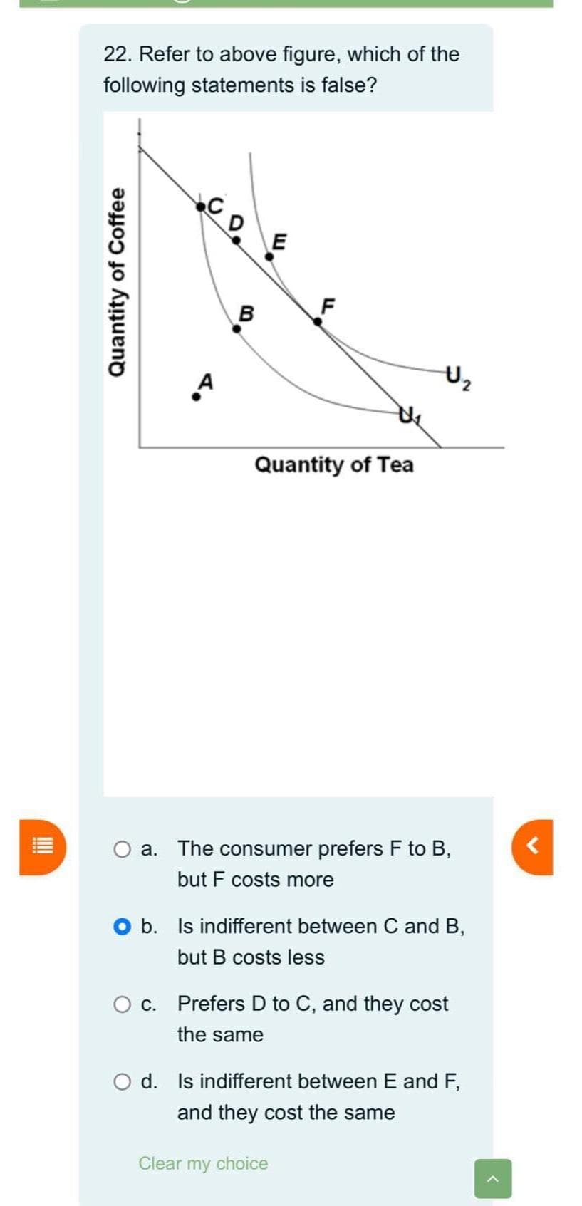 22. Refer to above figure, which of the
following statements is false?
Quantity of Coffee
CD₂.
B
E
Quantity of Tea
Clear my
a. The consumer prefers F to B,
but F costs more
U₂
b. Is indifferent between C and B,
but B costs less
O c. Prefers D to C, and they cost
the same
O d. Is indifferent between E and F,
and they cost the same
choice