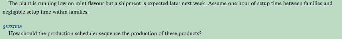 The plant is running low on mint flavour but a shipment is expected later next week. Assume one hour of setup time between families and
negligible setup time within families.
QUESTION
How should the production scheduler sequence the production of these products?