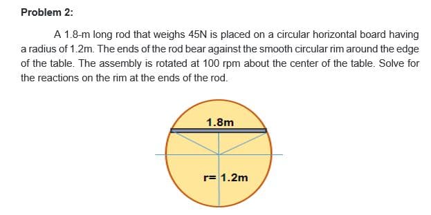 Problem 2:
A 1.8-m long rod that weighs 45N is placed on a circular horizontal board having
a radius of 1.2m. The ends of the rod bear against the smooth circular rim around the edge
of the table. The assembly is rotated at 100 rpm about the center of the table. Solve for
the reactions on the rim at the ends of the rod.
1.8m
r= 1.2m
