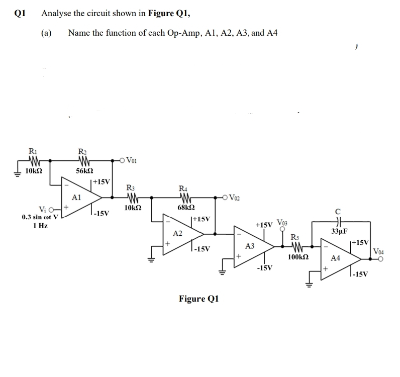 Q1
Analyse the circuit shown in Figure Q1,
(a)
Name the function of each Op-Amp, A1, A2, A3, and A4
R:
R2
O Voi
10k2
56kN
|+15V
R3
R4
A1
Vo2
Vi +
10k2
68k2
C
1-15V
0.3 sin ot V
|+15V
+15V Vo3
Rs
1 Hz
A2
33µF
|+15V
Vo4
|-15V
АЗ
100k2
A4
-15V
|-15V
Figure Q1
