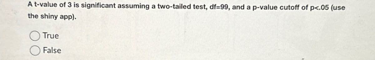 A t-value of 3 is significant assuming a two-tailed test, df=99, and a p-value cutoff of p<.05 (use
the shiny app).
True
False