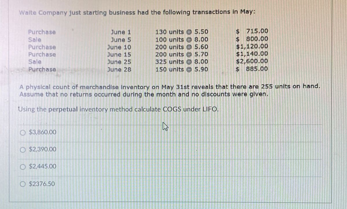 Waite Company just starting business had the following transactions in May:
Purchase
Sale
Purchase
Purchase
Sale
Purchase
June 1
June 5
June 10
130 units @ 5.50
100 units @ 8.00
200 units @ 5.60
$ 715.00
$
June 15
200 units @ 5.70
June 25
325 units @ 8.00
800.00
$1,120.00
$1,140.00
$2,600.00
June 28
150 units @ 5.90
$ 885.00
A physical count of merchandise Inventory on May 31st reveals that there are 255 units on hand.
Assume that no returns occurred during the month and no discounts were given.
Using the perpetual inventory method calculate COGS under LIFO.
O $3,860.00
O $2,390.00
O $2,445.00
O $2376.50
h
13