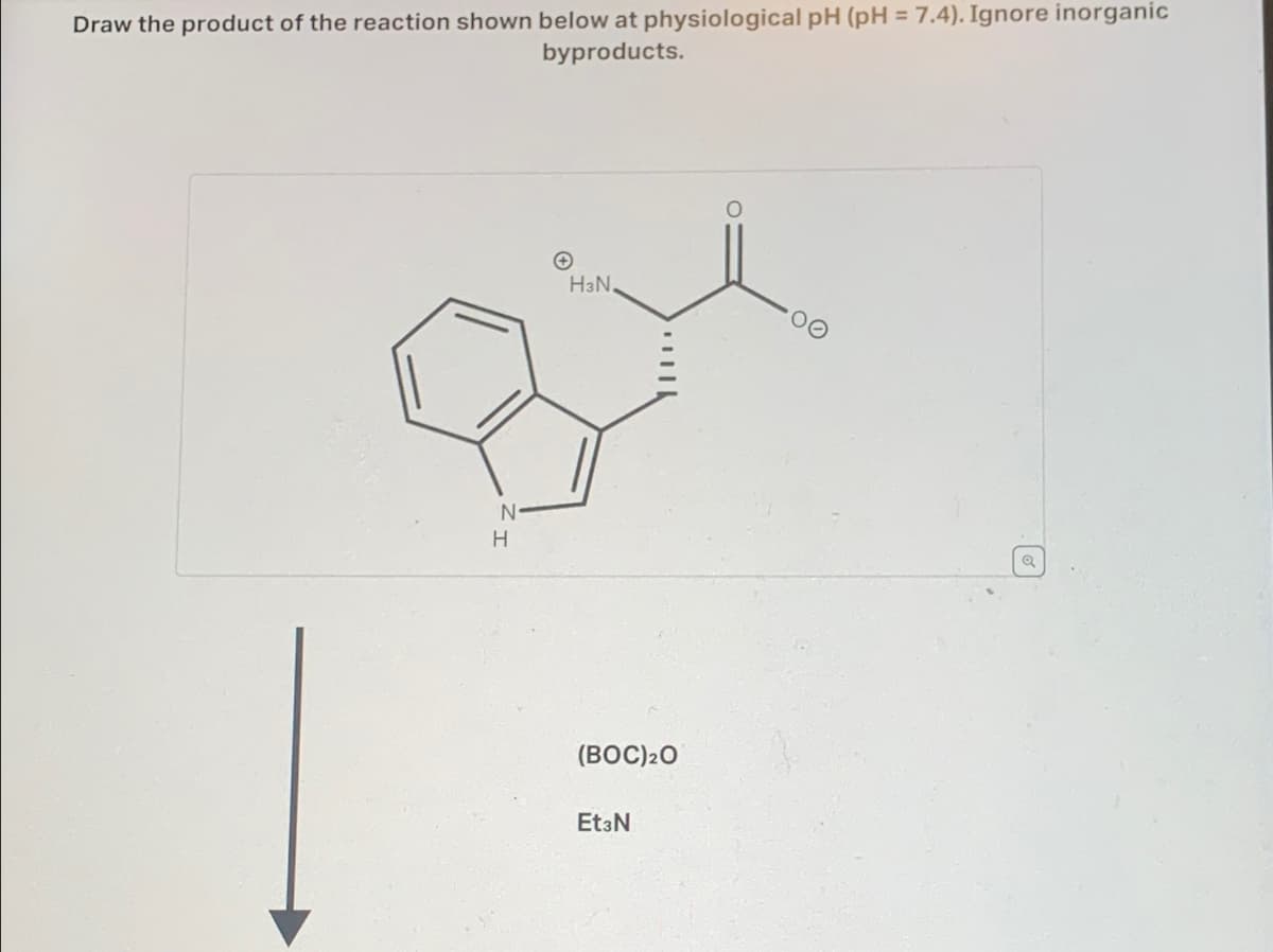 Draw the product of the reaction shown below at physiological pH (pH = 7.4). Ignore inorganic
byproducts.
N
H
+
HзN.
(BOC)20
Et3N
a
