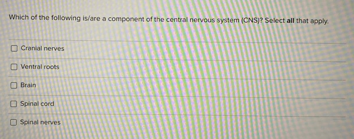 Which of the following is/are a component of the central nervous system (CNS)? Select all that apply.
O Cranial nerves
O Ventral roots
Brain
Spinal cord
O Spinal nerves
