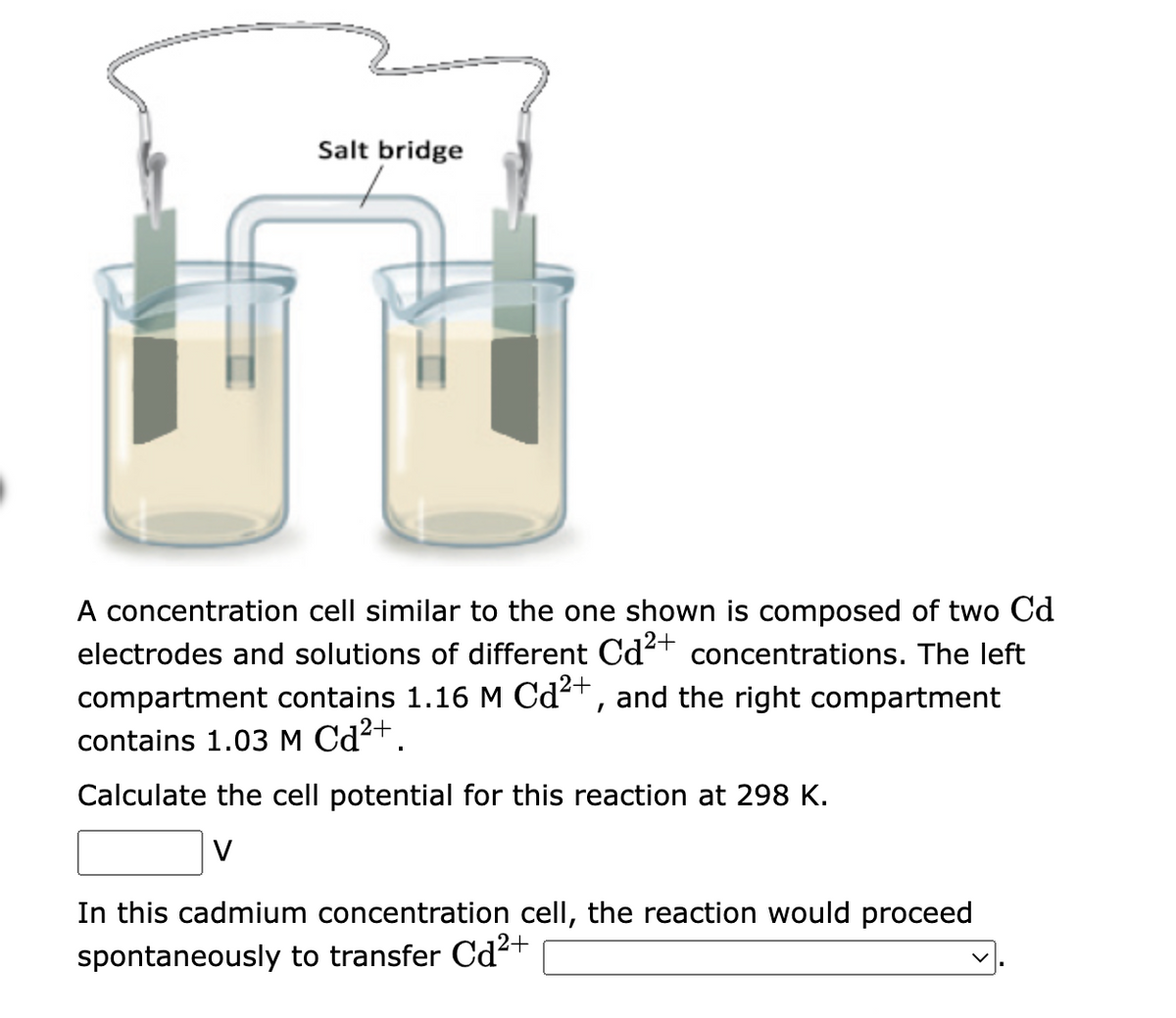 Salt bridge
A concentration cell similar to the one shown is composed of two Cd
electrodes and solutions of different Cd²+ concentrations. The left
compartment contains 1.16 M Cd²+, and the right compartment
contains 1.03 M Cd²+.
Calculate the cell potential for this reaction at 298 K.
V
In this cadmium concentration cell, the reaction would proceed
spontaneously to transfer Cd²+