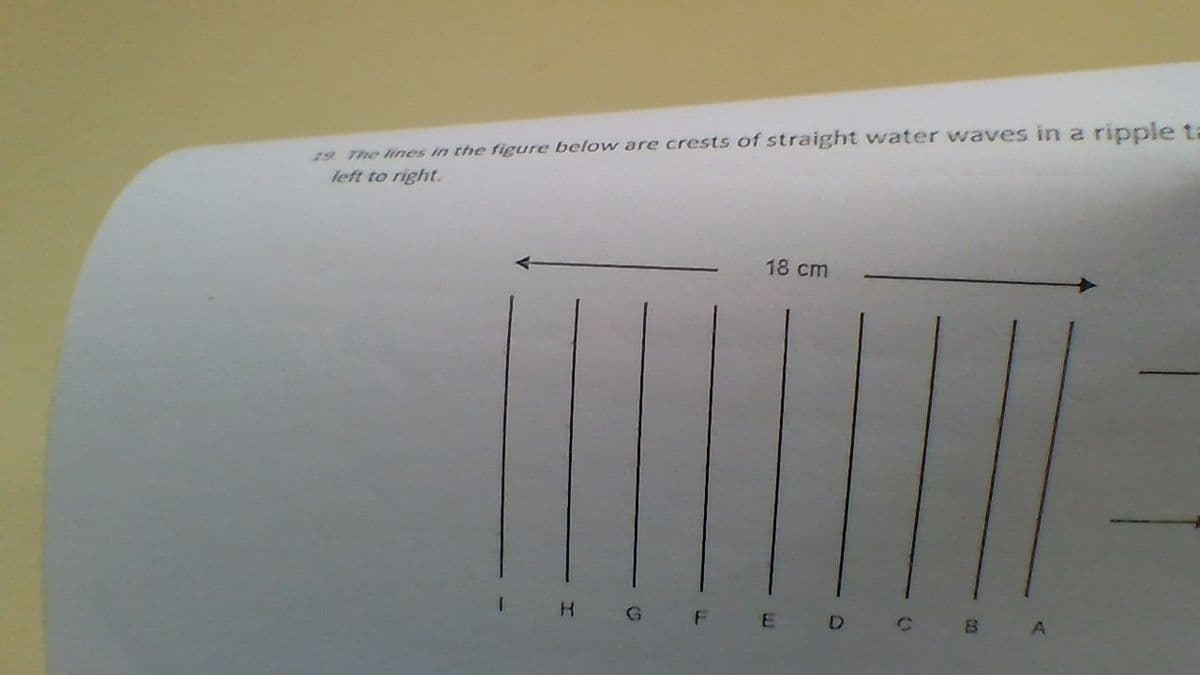 19. The lines in the figure below are crests of straight water waves in a ripple ta
left to right.
18 cm
H
G F E D
C
B