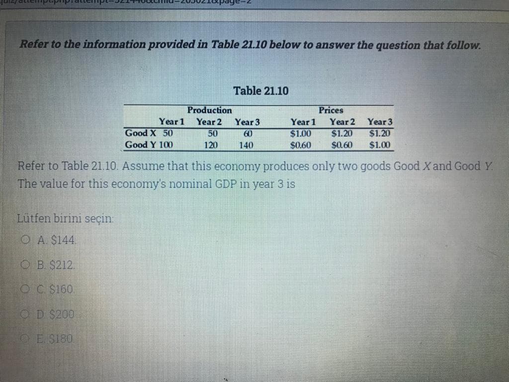 Refer to the information provided in Table 21.10 below to answer the question that follow.
Table 21.10
Production
Prices
Year 1
Year 2
Year 3
Year 1
Year 2
Year 3
Good X 50
$1.00
$0.60
$1.20
$1.00
50
60
$1.20
Good Y 100
120
140
$0.60
Refer to Table 21.10. Assume that this economy produces only two goods Good Xand Good Y.
The value for this economy's nominal GDP in year 3 is
Lutfen birini seçin:
O A $144.
OB. $212.
OC $160
OD $200
OE S180.
