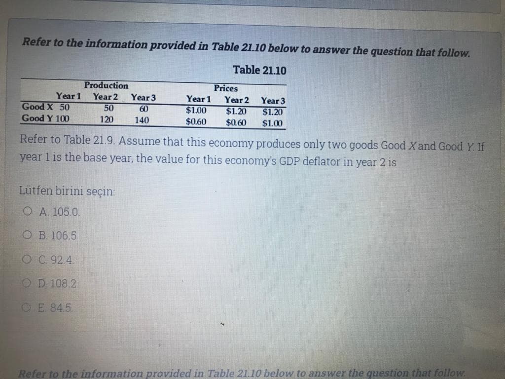 Refer to the information provided in Table 21.10 below to answer the question that follow.
Table 21.10
Production
Prices
Year 1
Year 2 Year 3
Year 1
Year 2
Year 3
Good X 50
50
60
$1.00
$1.20
$1.20
Good Y 100
120
140
$0.60
$0.60
$1.00
Refer to Table 21.9. Assume that this economy produces only two goods Good X and Good Y. If
year 1 is the base year, the value for this economy's GDP deflator in year 2 is
Lütfen birini seçin:
O A. 105.0.
O B. 106.5
OC 92.4.
O D 108.2.
OE 84.5
Refer to the information provided in Table 21.10 below to answer the question that follow.
