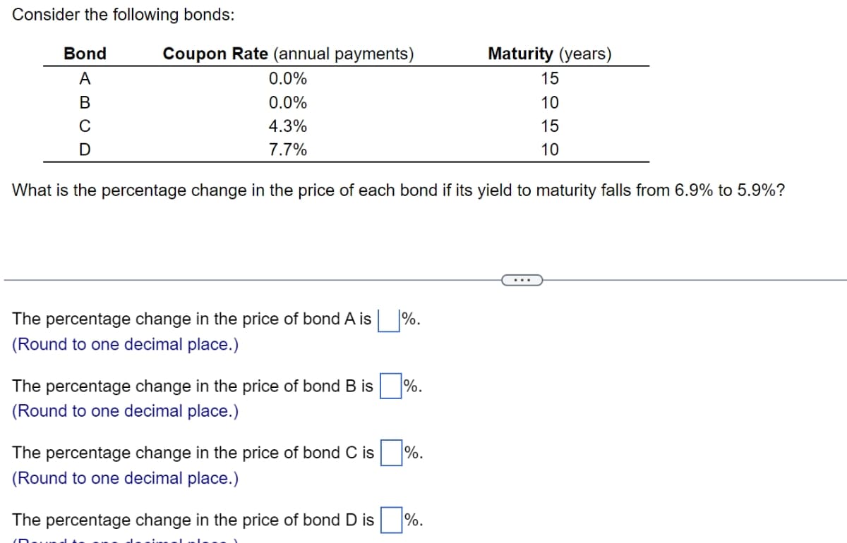 Consider the following bonds:
Bond
A
B
CD
с
Coupon Rate (annual payments)
0.0%
0.0%
4.3%
7.7%
The percentage change in the price of bond A is |___%.
(Round to one decimal place.)
What is the percentage change in the price of each bond if its yield to maturity falls from 6.9% to 5.9%?
The percentage change in the price of bond B is %.
(Round to one decimal place.)
Maturity (years)
15
The percentage change in the price of bond C is %.
(Round to one decimal place.)
The percentage change in the price of bond D is %.
21500