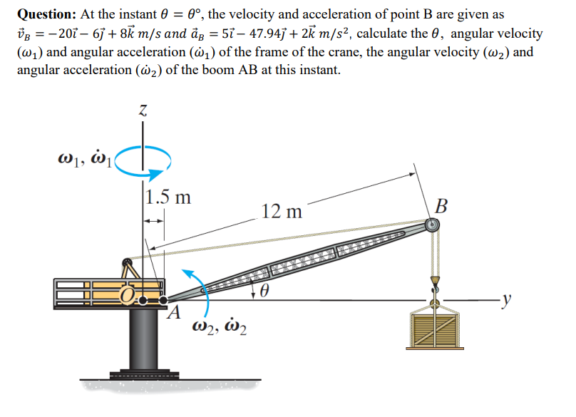 Question: At the instant = 0°, the velocity and acceleration of point B are given as
VB = − 201 - 6j + 8k m/s and åß = 5ỉ — 47.94j + 2k m/s², calculate the 0, angular velocity
(@₁) and angular acceleration (₁) of the frame of the crane, the angular velocity (w₂) and
angular acceleration (₂) of the boom AB at this instant.
ως, ὡ
Z
1.5 m
A
02, W2
12 m
0
B
-y